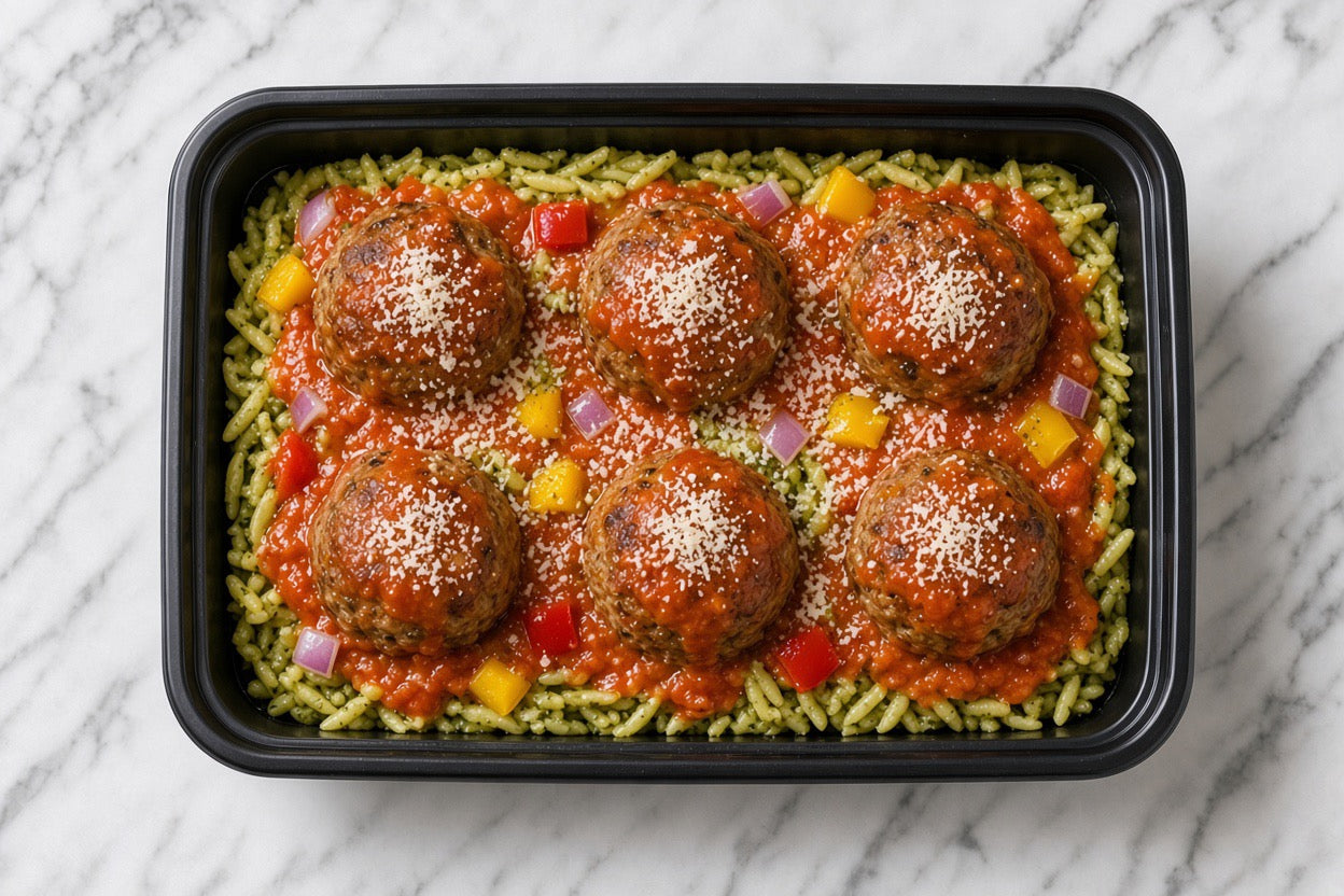 Pesto Orzo with Meatballs